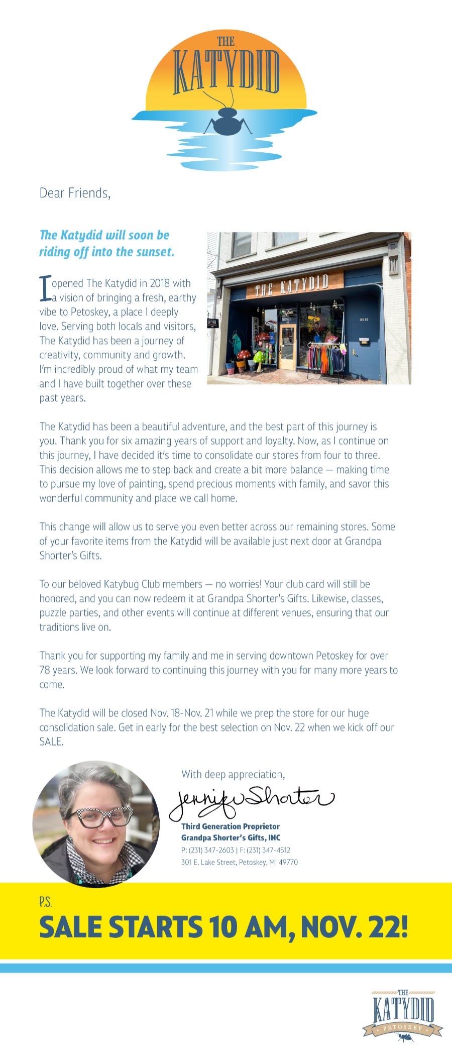 The Katydid will soon be riding off into the sunset. From November 22, 2024 onward, we'll be consolidating our stores and everything will be on sale. After the store is closed, you'll find your favorites next door at Grandpa Shorter's Gifts